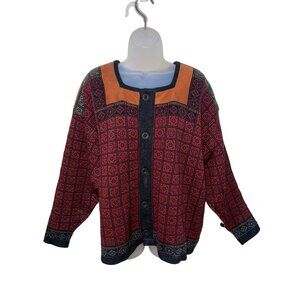 IN WILD Wool Sweater Made In Norway Red & Gray Button Front Sz. LARGE Cardigan